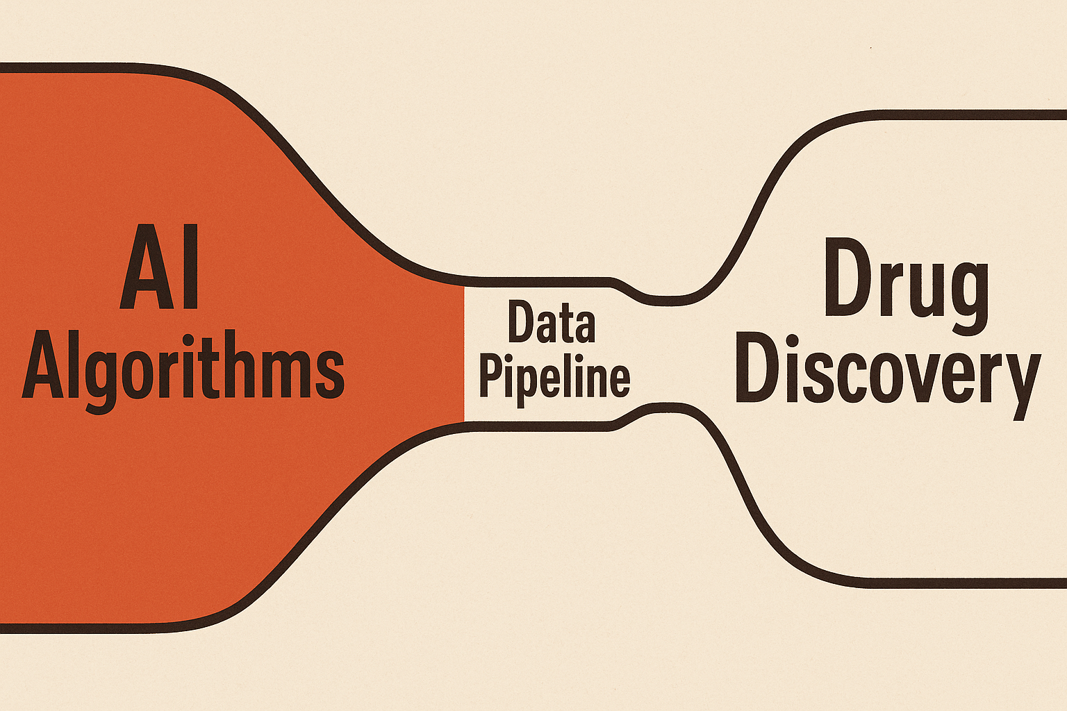Illustration of a bottle-neck funnel showing AI algorithms at one end and drug discovery outcomes at the other, with a narrow bottleneck in between labeled "data pipeline," indicating that the flow of data is constricted at this point.
