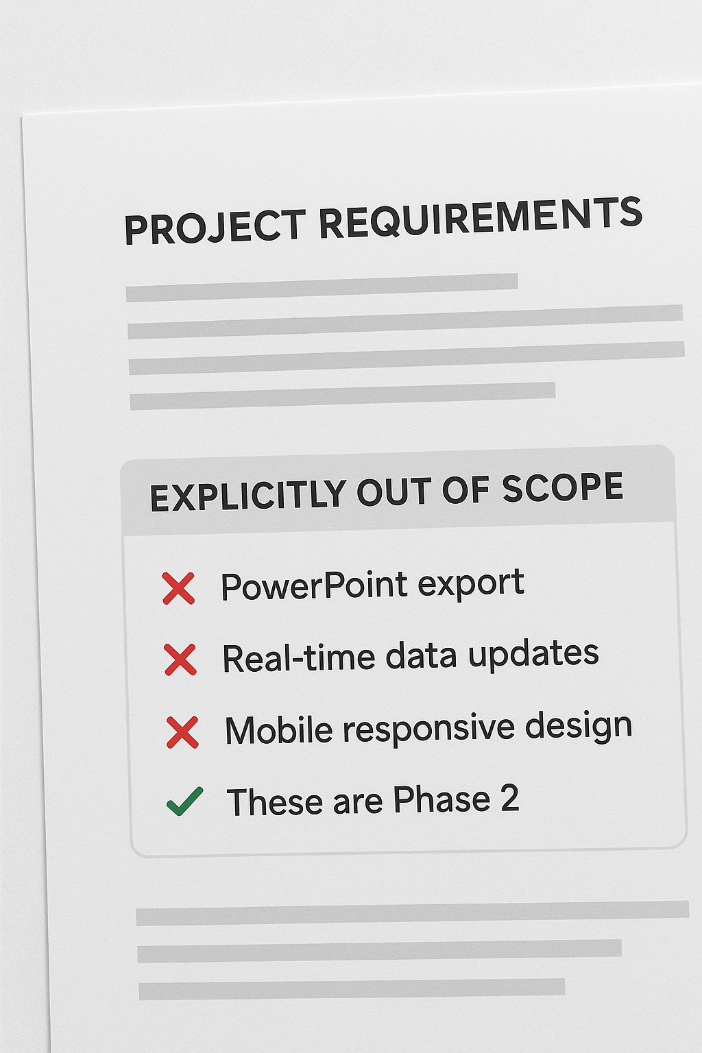 Project requirements document with an ‘Out of Scope’ section. Checklist shows PowerPoint export, real‑time data updates, and mobile responsive design marked as not in scope, with a note that these items are expected in Phase 2.