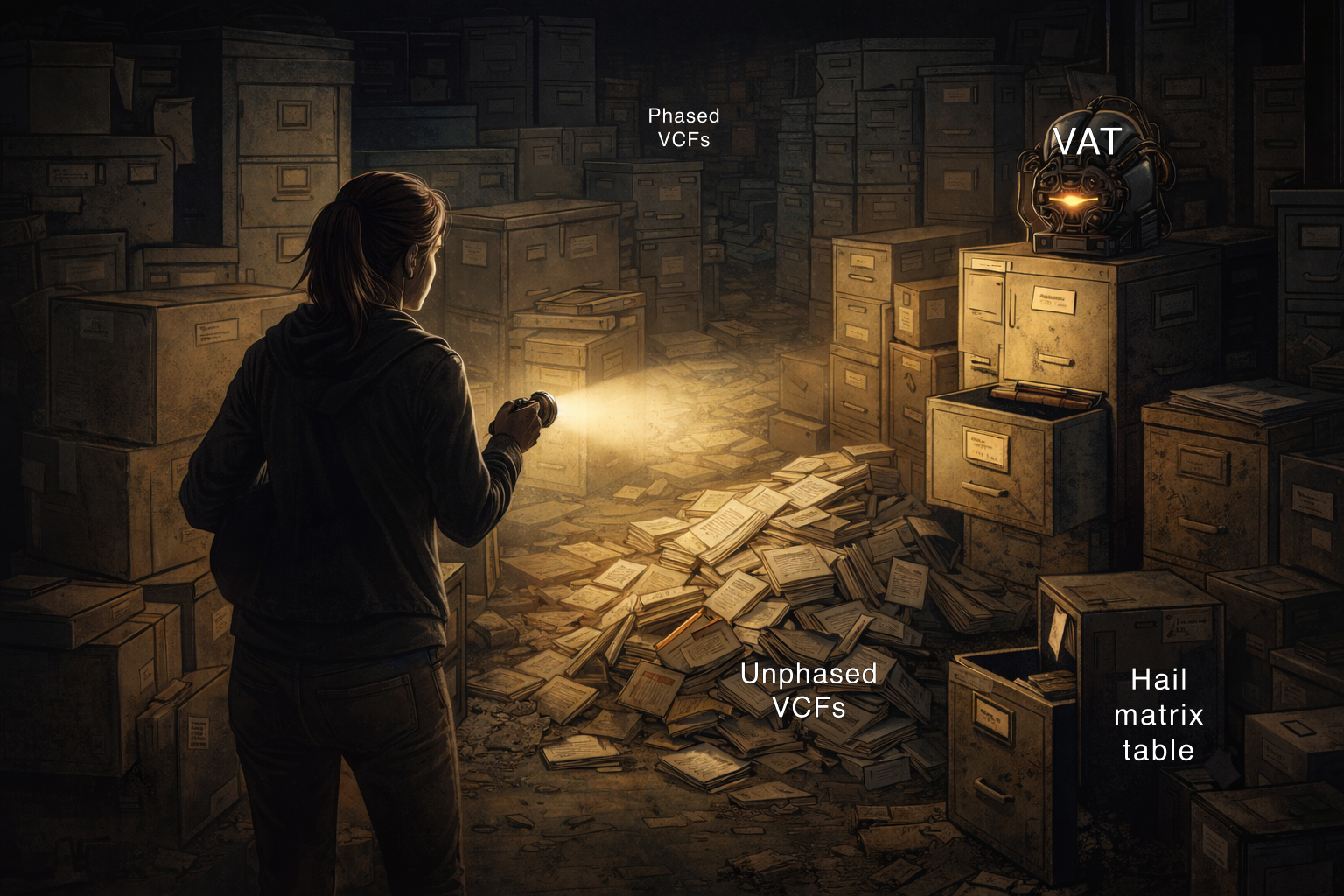 Woman with a flashlight searching through a dark basement packed with disorganized filing cabinets, papers, and boxes, representing the scattered data organization within All of Us.