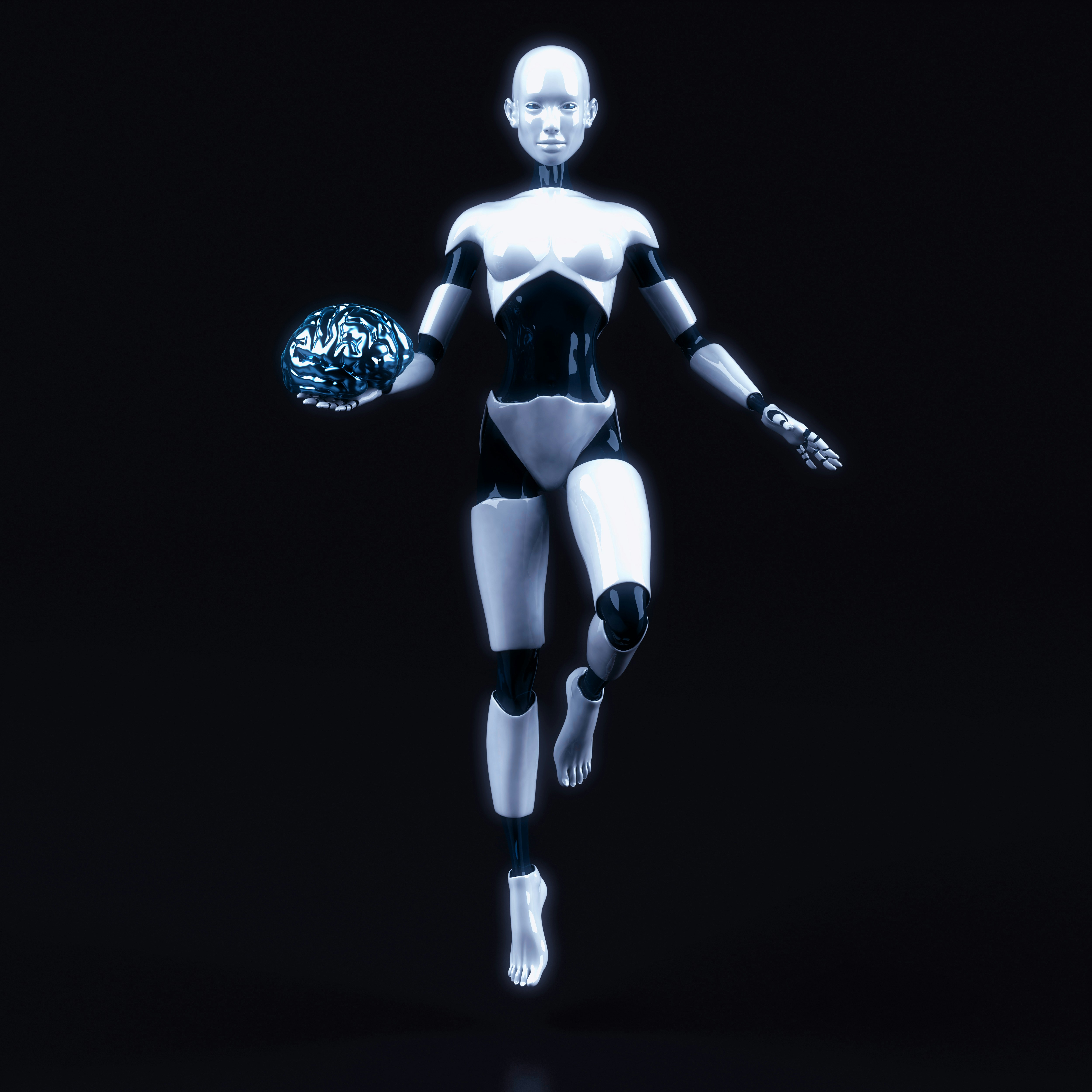 A futuristic female robot floats mid‑air, holding a metallic brain like a basketball, poised to shoot.