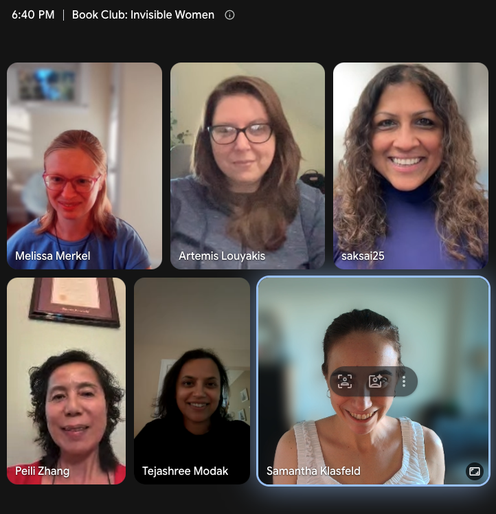 Boston Women in Bioinformatics members smiling on a Google Meet video call for the Invisible Women book club discussion