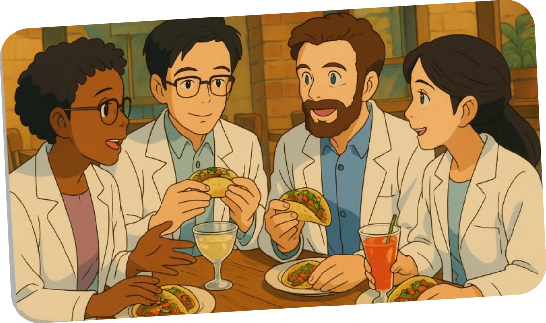 People dressed in lab coats smiling and chatting over tacos