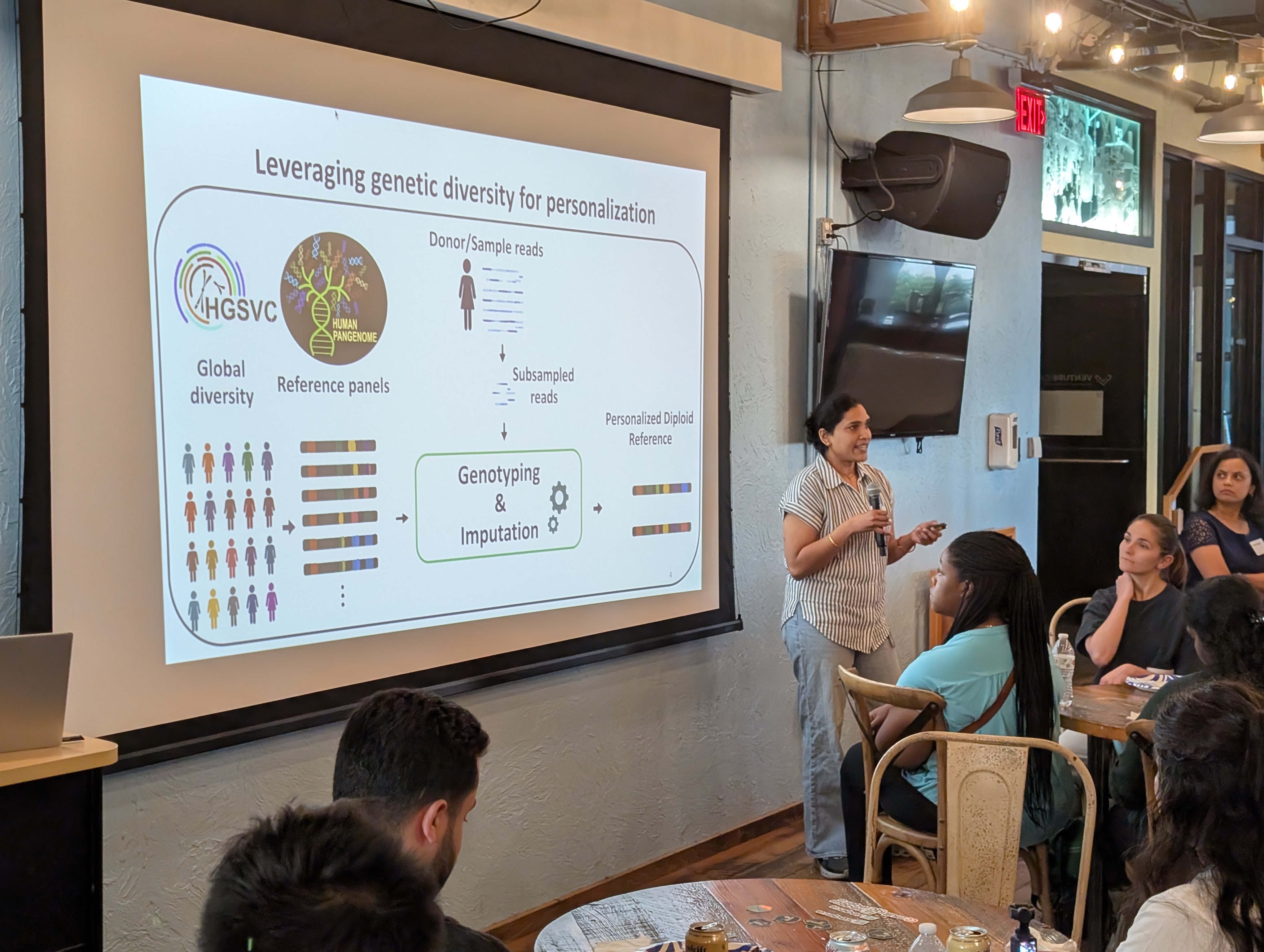 Kavya Vaddadi showcases a slide titled "Leveraging genetic diversity for personalization." The slide features a flow chart illustrating the process of building personalized diploid references with large-scale genotyping and imputation