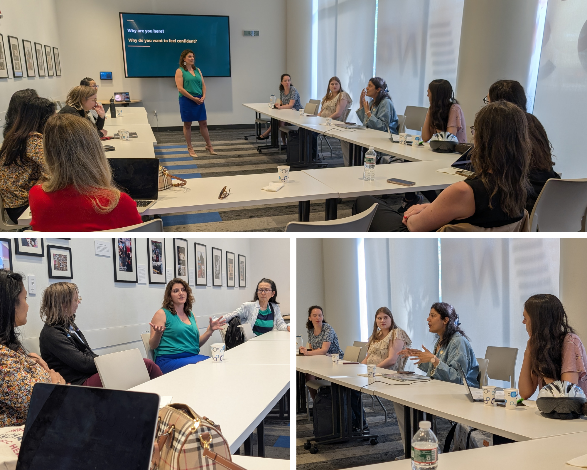 Collage of photos from the women at the Take up Space event show participants engaged in discussion.