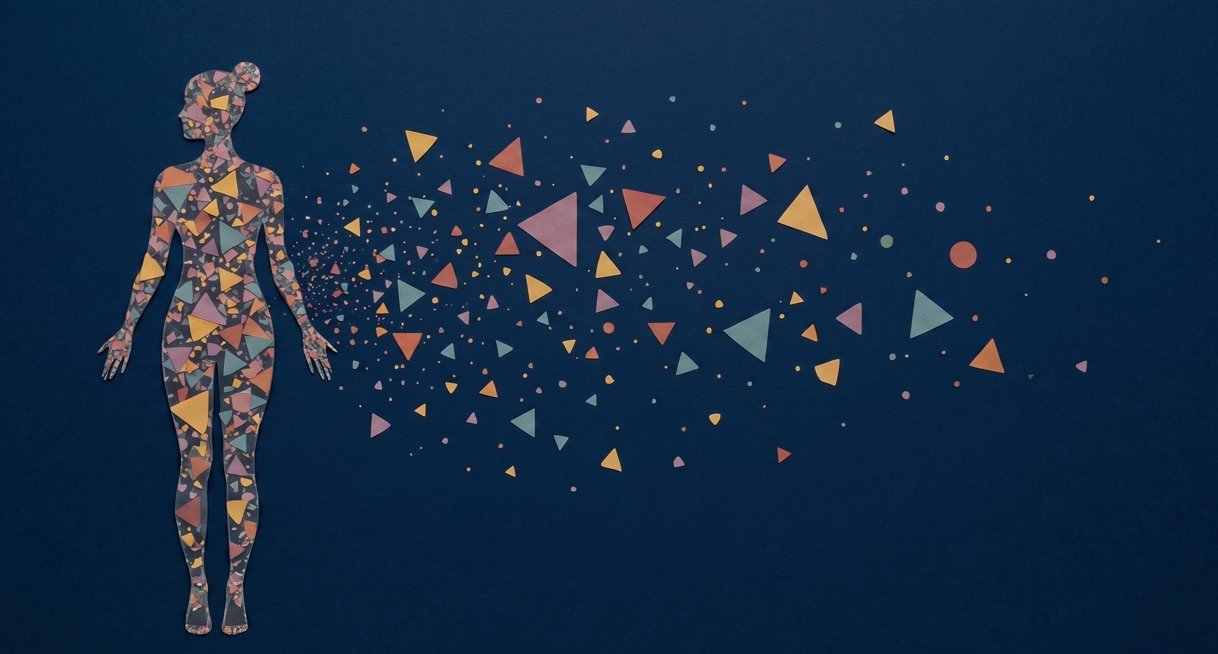 A stylized silhouette of a woman composed of warm-colored geometric shapes (triangles and circles) that scatter and disperse into an empty teal-blue space, suggesting transformation or expansion