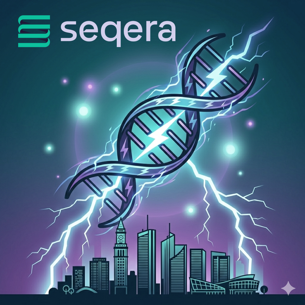 A stylized DNA double helix arcs upward as lightning bolts crack through it, glowing above the Boston skyline at night. The Seqera logo sits in the top-left corner to mark their sponsorship of the lightning talks event.